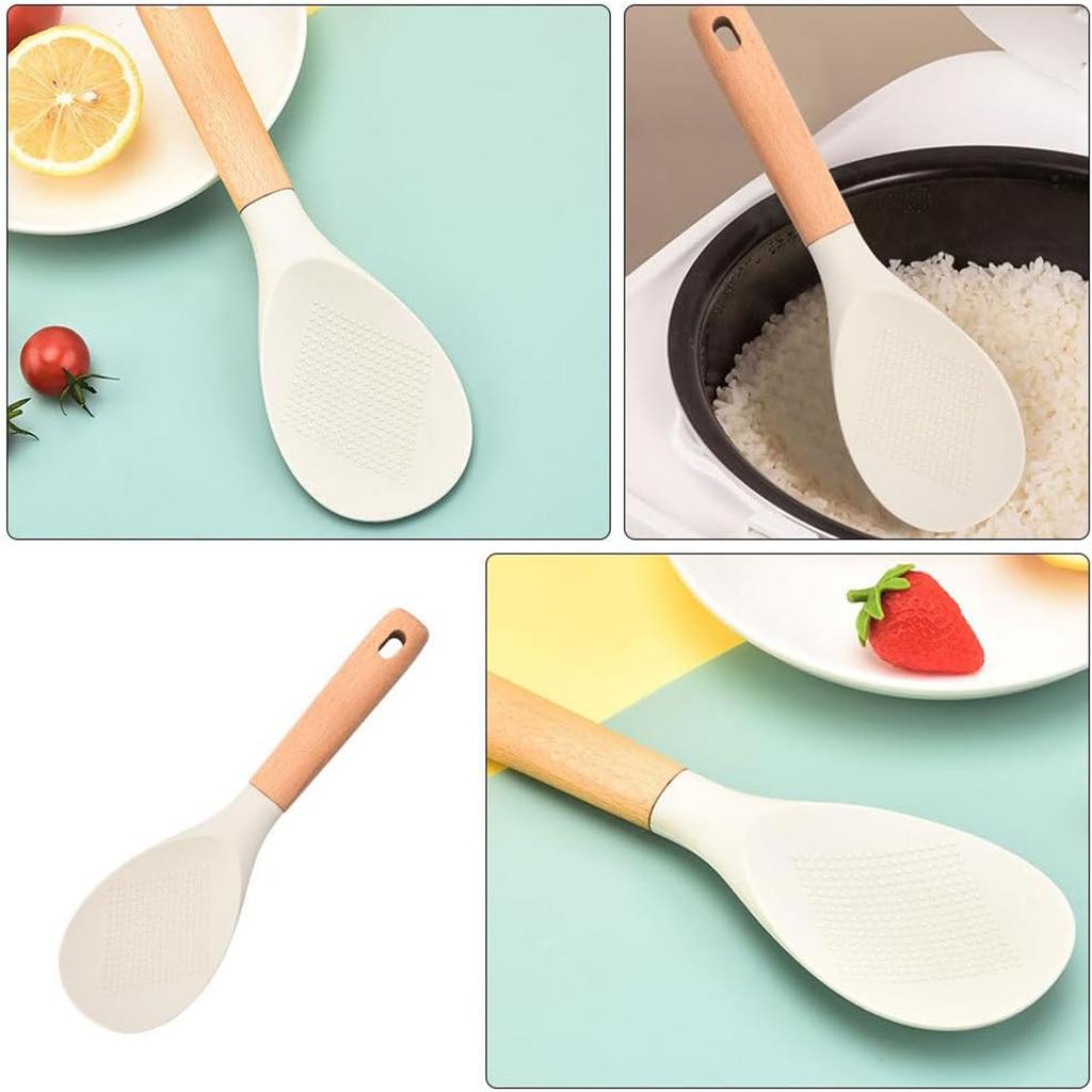 Silicone Rice Scoop With Wooden Handle, Non-stick Rice Cooker Spatula, Suitable For Serving Rice, Cooking Sushi, And Serving Other Foods.
