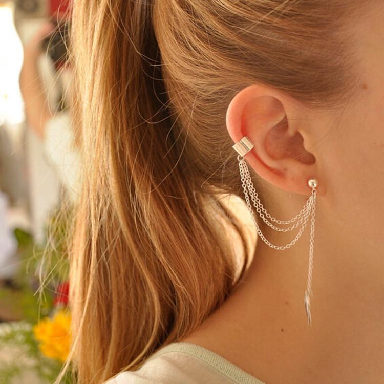 

New European & American Metal Leaf Tassel Single Ear Clip Earrings