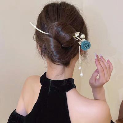 Hair Pin Unique Exquisite Metal Hair Chopstick Valentine Day Rose Flower Decor Hair Stick Hair Fork Costume Accessories
