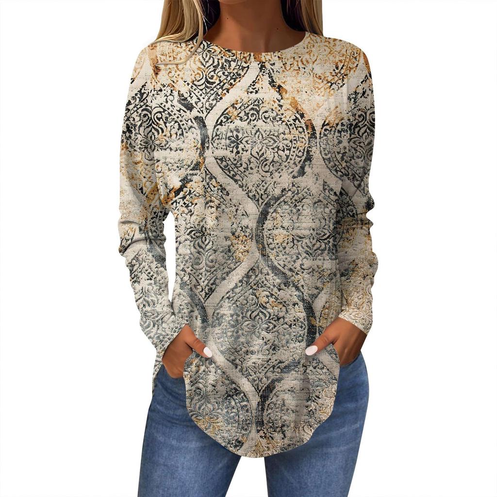 Women's 3D Printed Leaf Print T-shirt Fashionable Long-sleeved Round Neck Regular Tops