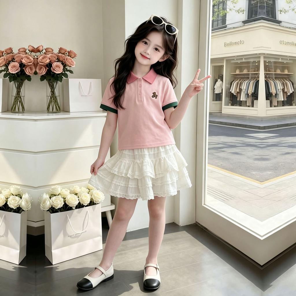 Summer Colorblock Polo Top and Ruffled Tiered Dress Set for Kids