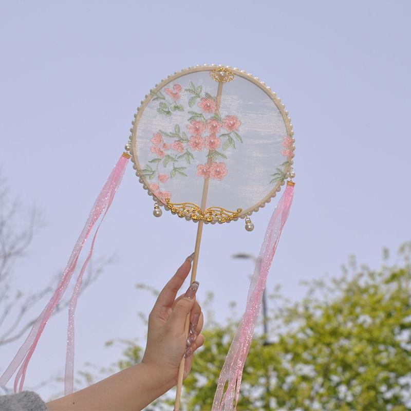 Taneční vějíř - Ručně vyšívaný vějíř s třásněmi pro Hanfu a dětský tanec