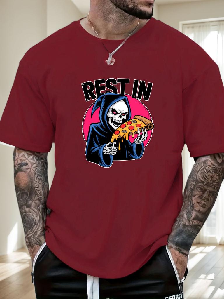 Mens Casual Tshirt Grim Reaper Pizza REST IN Print Short Sleeve Round Neck Breathable Oversized Daily Wear Tee