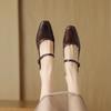 Retro high-heeled women's shoes autumn new sheepskin one-word buckle with thick heel black leather Mary Jane shoes