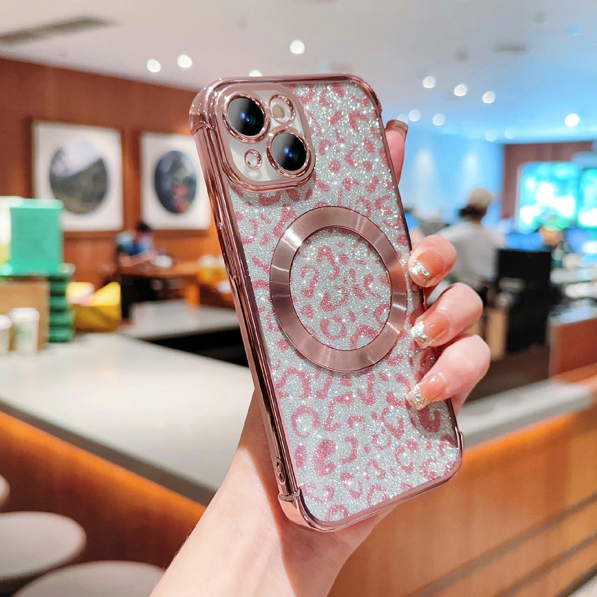 

For iPhone 15 Case Compatible with MagSafe Bling Glitter Leopard Print TPU Clear Phone Cover Gold