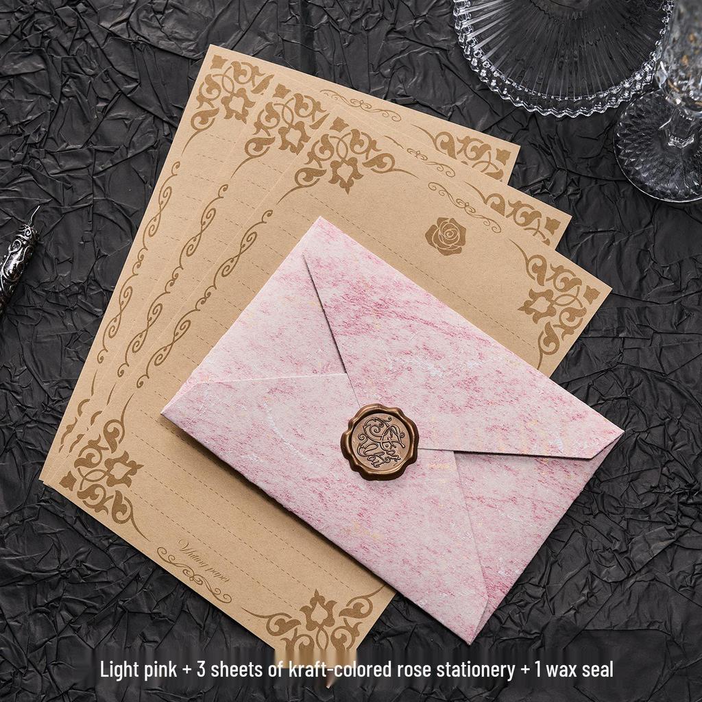 Gilded Envelope & Letter Paper Set - Embossed Texture, Straits Style, Handwritten Love Letters with Wax Seal for Valentine's Day