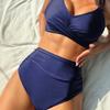 European and American solid color high waist split swimsuit women's cross chest wrap shoulder straps slim vacation beach bikini suit