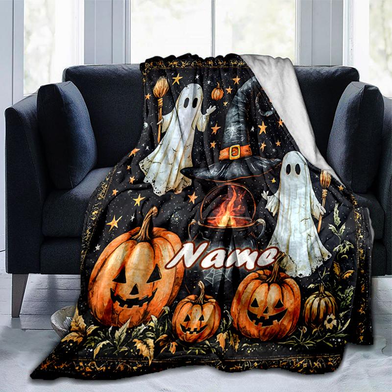 1PC Custom Name Halloween Ghosts Pumpkins outdooor Flannel blankets Throw Blanket All-Season Throw Gift Bedspread for Couch, Bed, Camping Holiday Birt