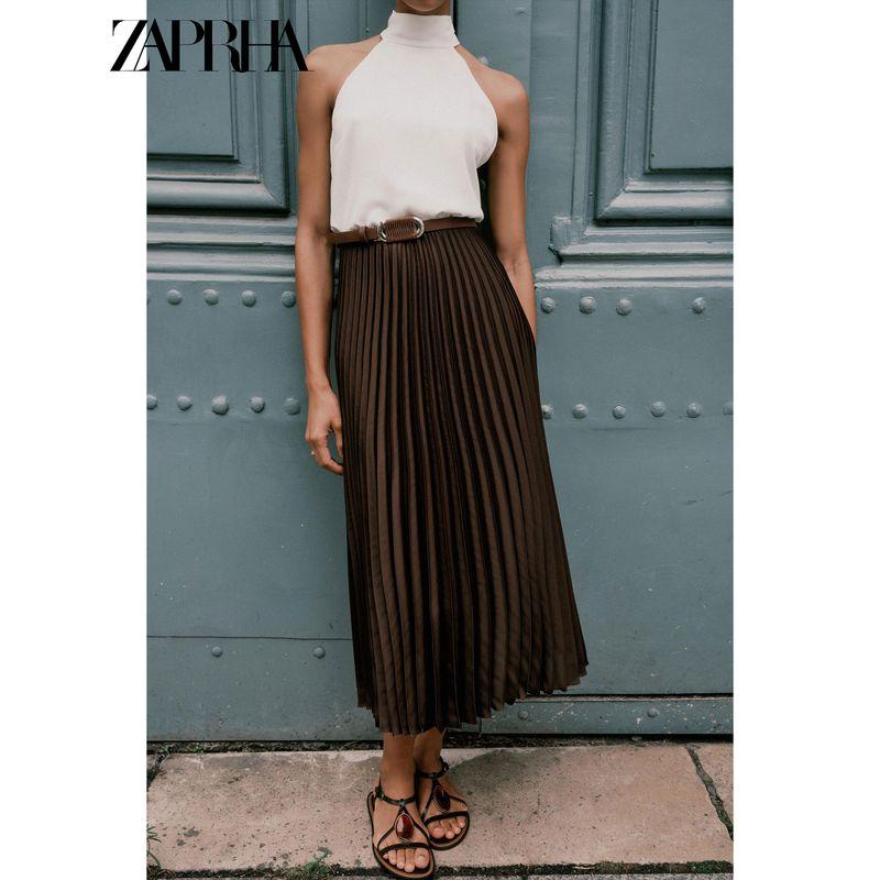 Zaprha 2025 Autumn New Fashion Small Pleated Patchwork Hanging Neck Collar Backless Midi Dress 8462335
