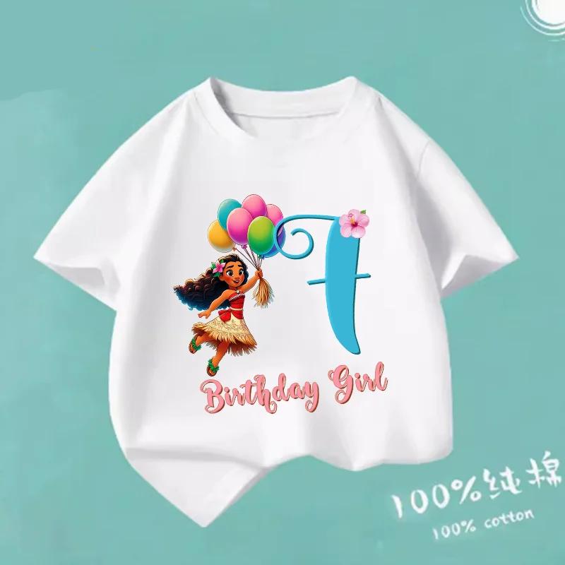 Moana 2 Cartoon Pattern Numbers Girls Cute T-shirts Kids Birthday Party Clothes 1-9 Print Child Tee Fashion Summer T Shirt Gifts