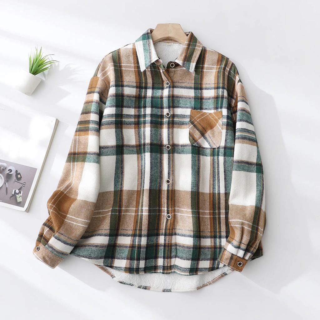 Dame Casual Rutete Vattert Varm Langermet Skjorte Topp Jakke