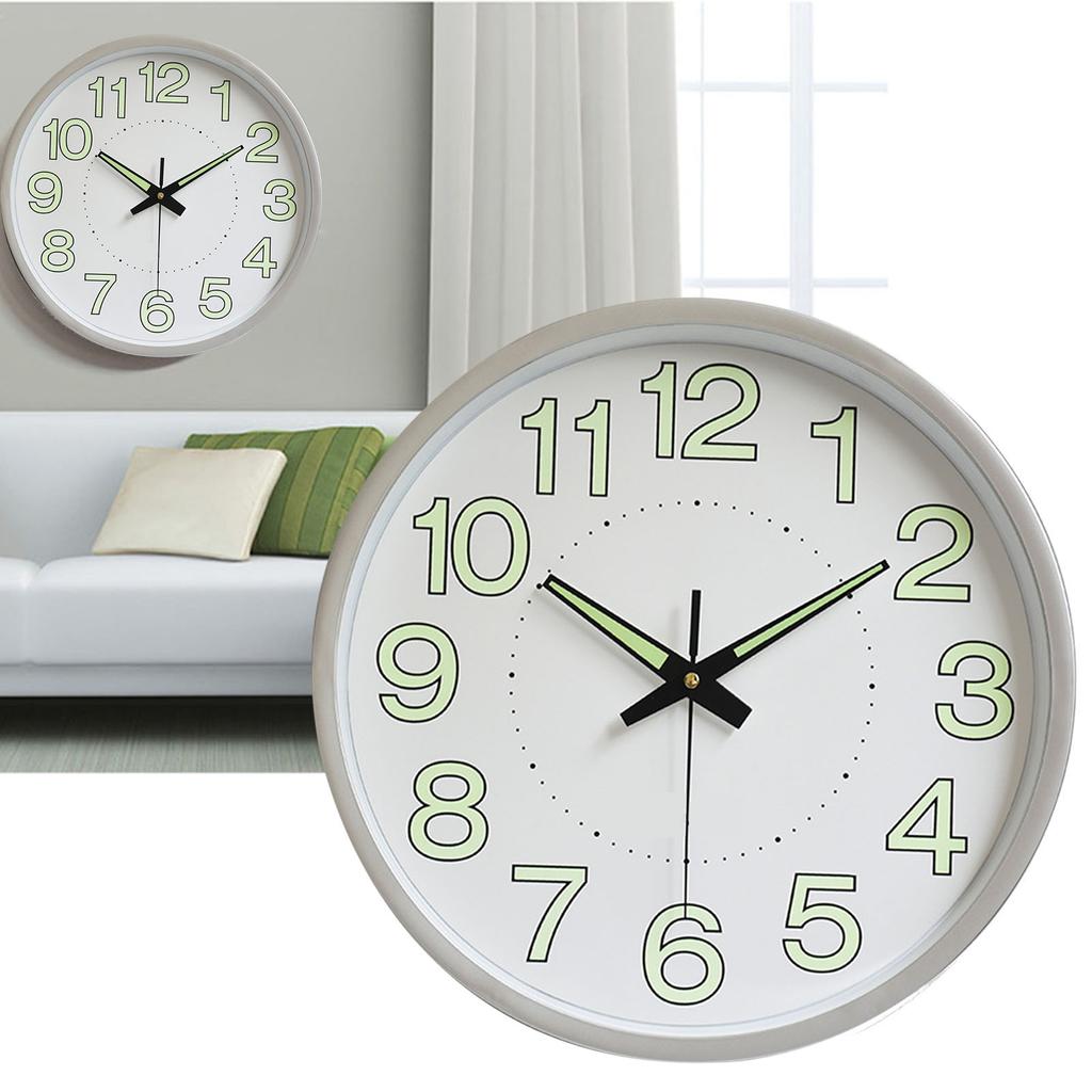 12 Inch Luminous Wall Clock Minimalist Round Quartz Clock for Bedroom Living Room Decoration Silver