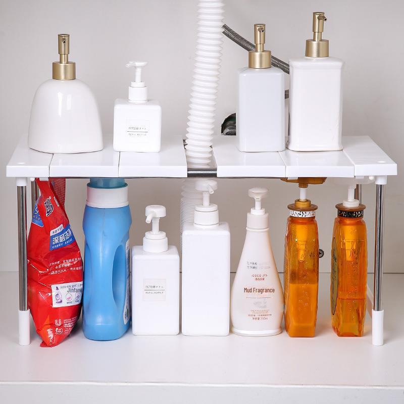 Doppellagiges Küchenregal aus Edelstahl: Anpassbare, multifunktionale Speicherlösung.