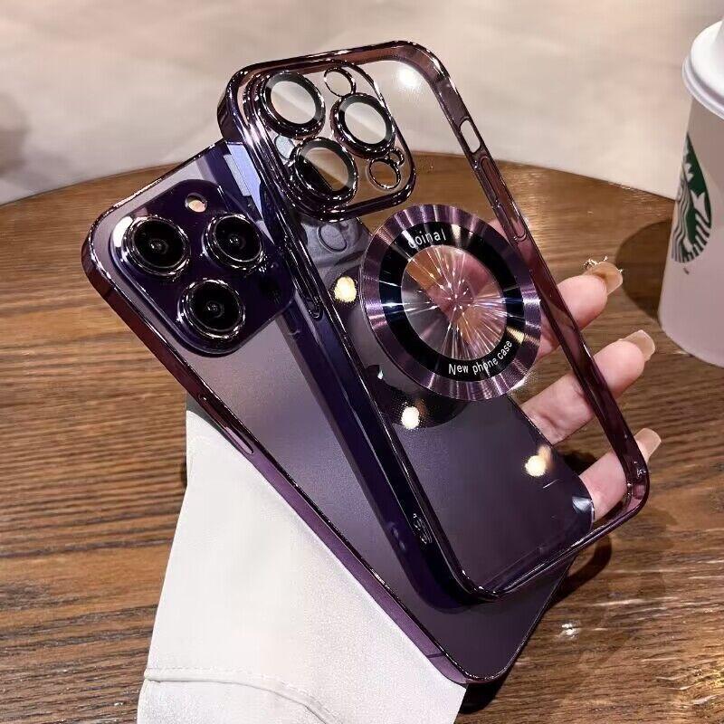Luxury Clear High Quality Plating Case For iPhone 15 14 13 12 11 Pro Max Plus Soft TPU Lens Film Protect Magfsafe Magnetic Cover