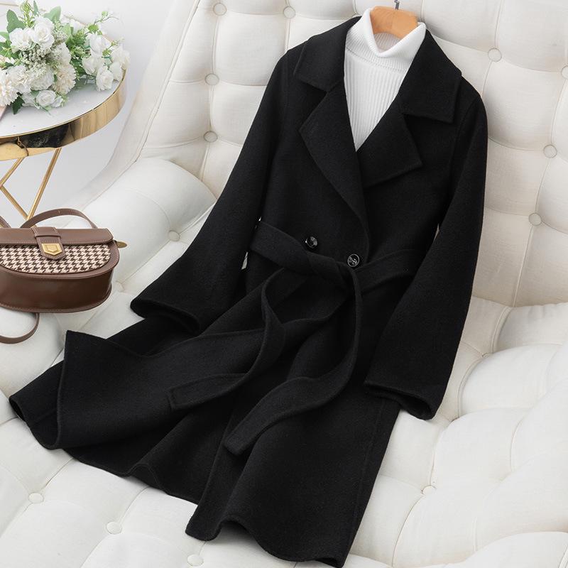 

Новое женское осенне-зимнее двустороннее пальто из 100% шерсти, длинное, приталенного силуэта XL (135-150 lbs) чёрный