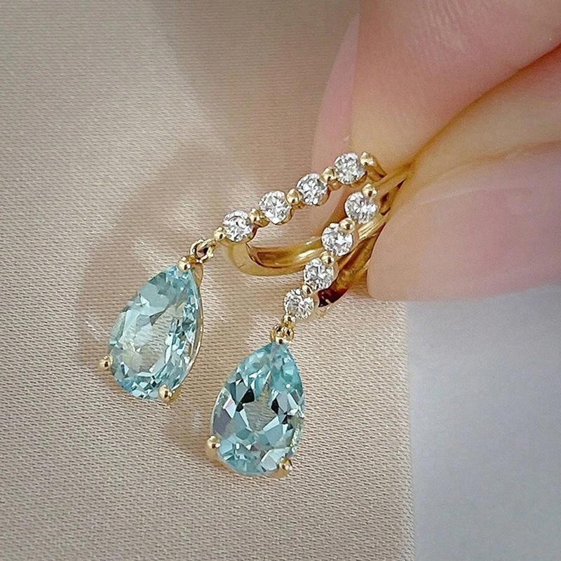 CAOSHI Elegant Light Blue Pear-shaped Cubic Zirconia Pendant Earrings for Women Bridal Wedding Gold Color Zircon Accessories