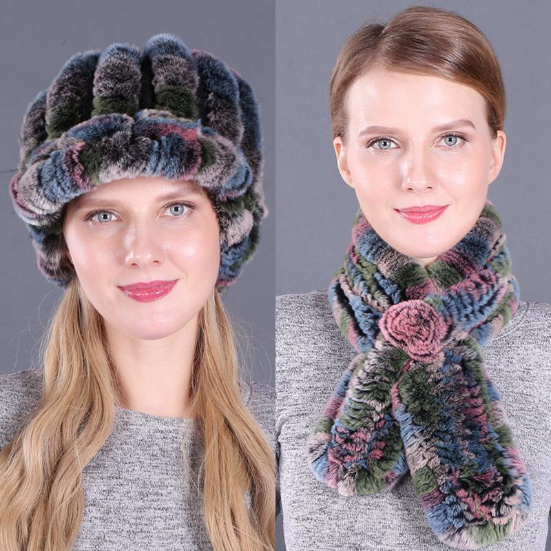 Женская зимняя теплая шапка с защитой ушей из искусственного кроличьего меха, лисьей шерсти, вязаная шапка-шарф, комплект