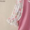 ZANZEA Women Lace Splice Doll Collar Casual Floral Print Half Sleeve Blouse