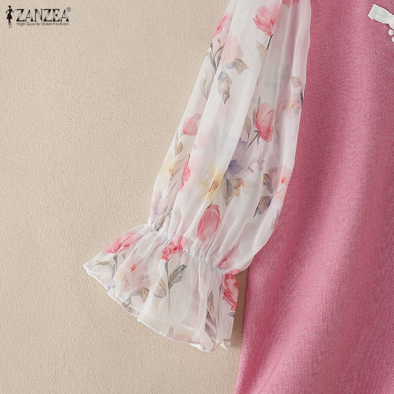 ZANZEA Women Lace Splice Doll Collar Casual Floral Print Half Sleeve Blouse