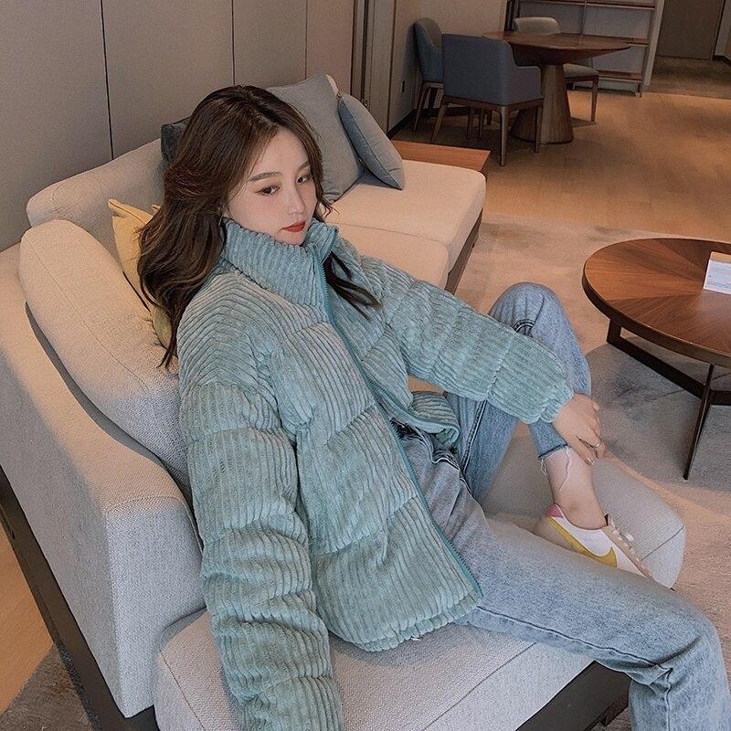 Women Thicken Warm Jacket Loose Coats Solid Color Cotton Clothes Corduroy Fashion Stand Collar Short Coats