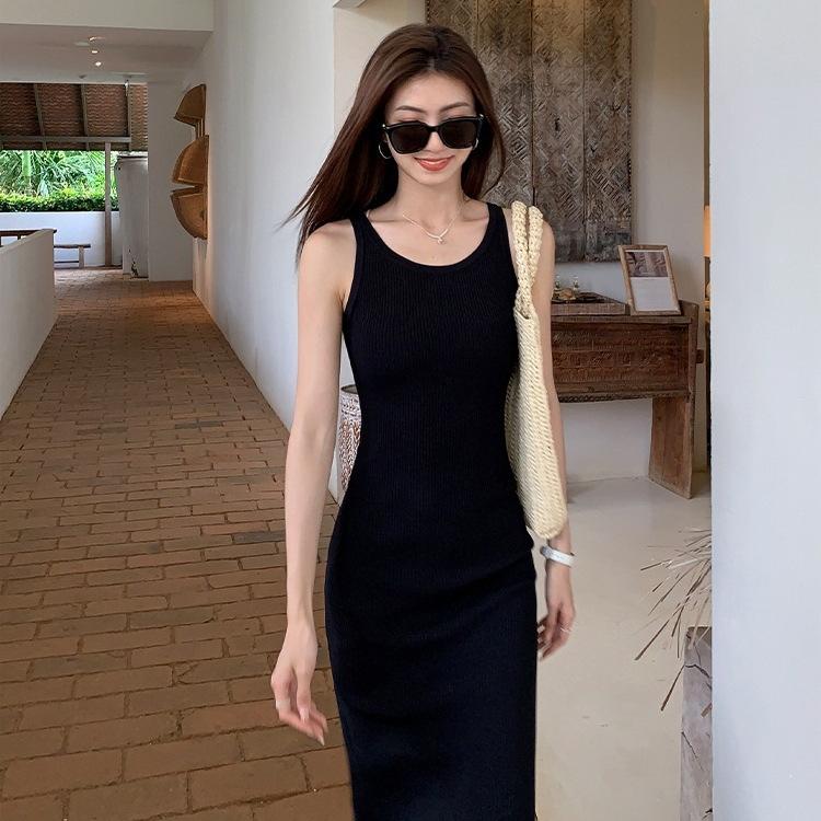Salt sweet wind summer solid color off-the-shoulder sleeveless U-neck vest skirt long dress women's slim straight dress