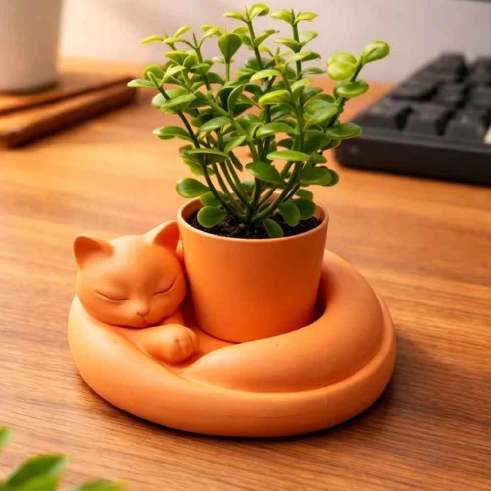 3D Printed Cat Sleeping Flowerpot Plastic Animal Shaped Planter Cat-Shaped Planter Pot Desktop