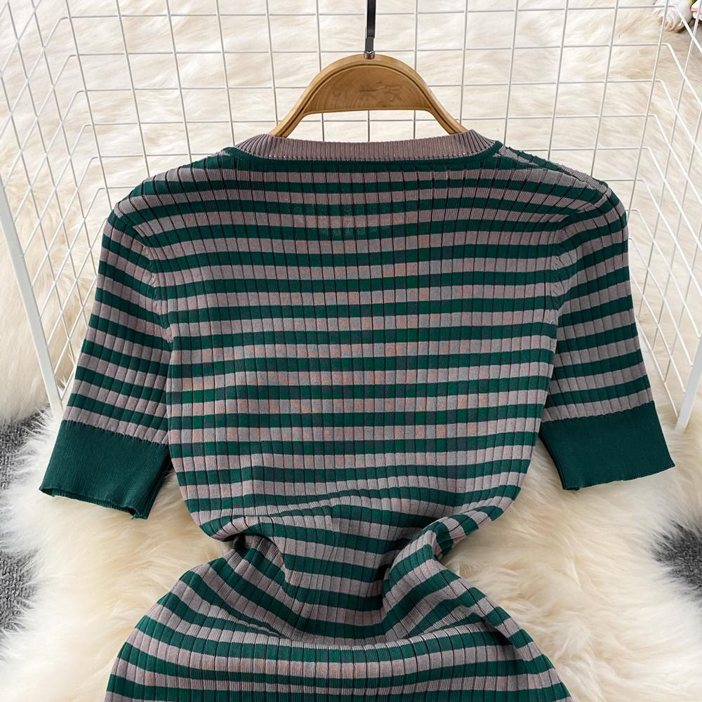 Summer Short Sleeve Striped Knitted Sweater Dress Women Fashion Casual Slim Bodycon Sheath Dresses