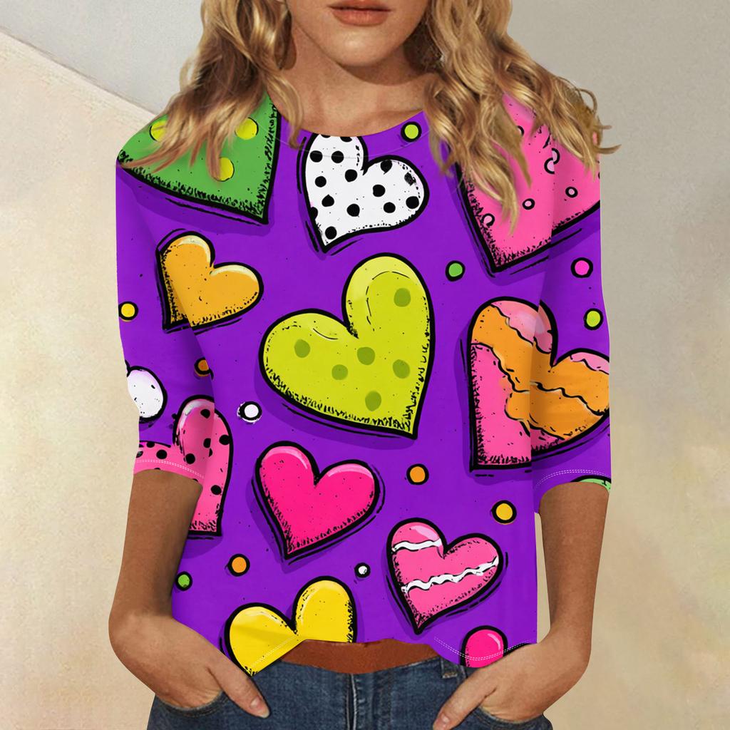 Damen Modisches Lässiges Dreiviertelarm Herzförmig Bedrucktes Rundhals-Top
