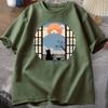 Coffee Cat in Mt Fuji Tshirt Unisex Women Round Neck Short Sleeve Tshirt Japanese Style Printed TShirt Cotton Oversized Tops