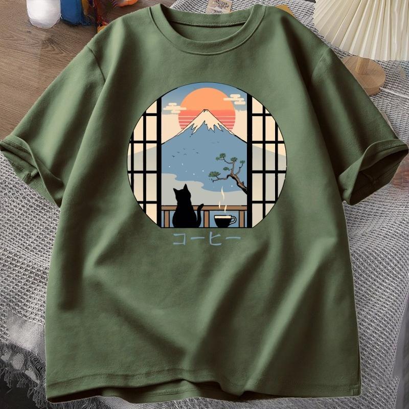 Coffee Cat in Mt Fuji Tshirt Unisex Women Round Neck Short Sleeve Tshirt Japanese Style Printed TShirt Cotton Oversized Tops