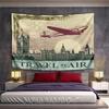 London Travel by Air Vintage Tapestry Wall Hanging Biplane Big Ben Postcard Decor for Living Room Study Man Cave Gift