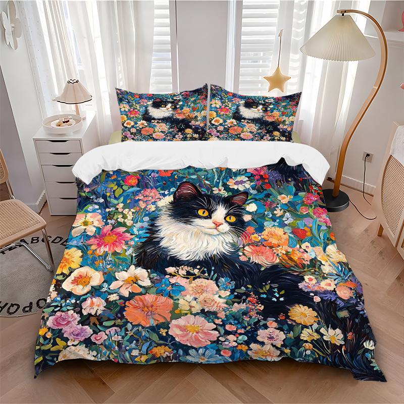 3pcs Colorful Garden Cat Print Cover Set Ultra Soft, Breathable, and Comfortable Bedding with Stylish Design for Bedroom and Guest Room Decor 1 C