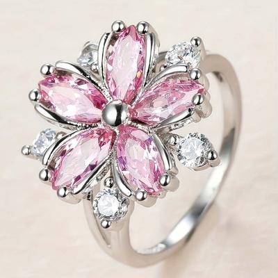 Weibliche Kirschblüte Rosa Zirkon Blume Ring Silber Ring