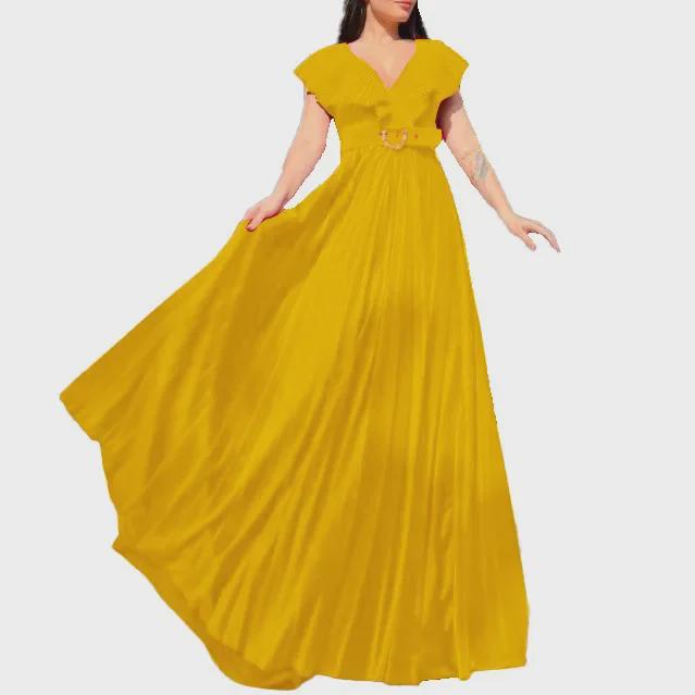 D3159P Plus Size V-Neck Pleated Ruffle Long Dress - European & American Style