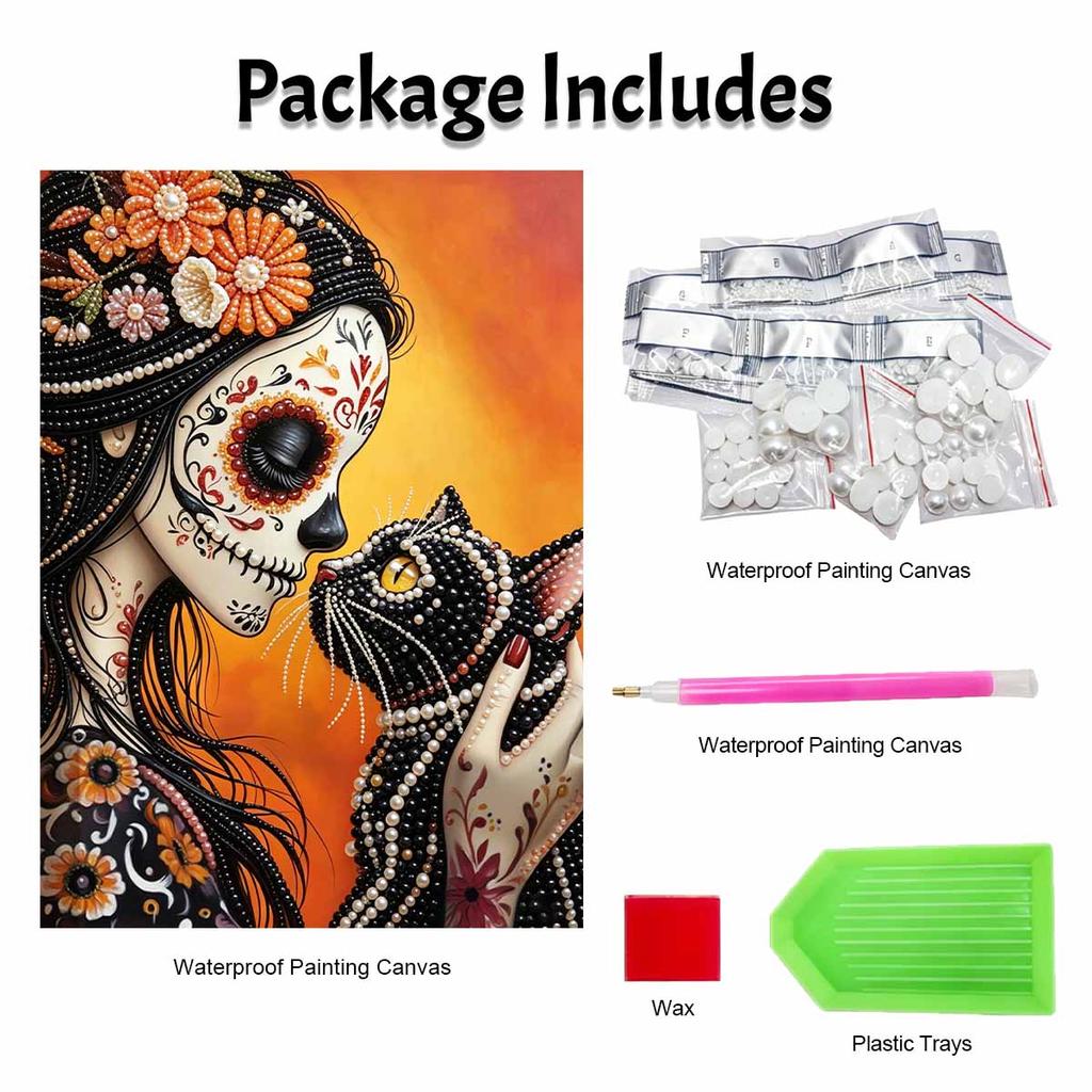 DIY Frameless Pearl Art Kit Sugar Skull Cat Design 3D Bead Painting Canvas Relaxing Handmade Craft for Home Decor Wall Art Gift