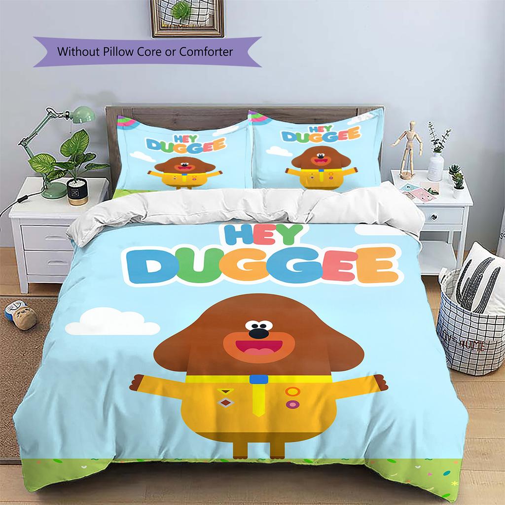 Hey Duggee Muster Bettwäsche Bettdecken-Set Heimdekoration Geschenk (1 Bettbezug + 2 Kissenbezüge (ohne Füllung))