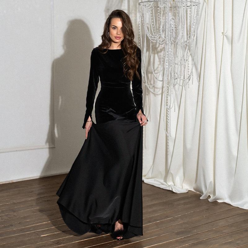 2025 Spring Women's Long Sleeve Round Neck Patchwork Dress - Solid Color