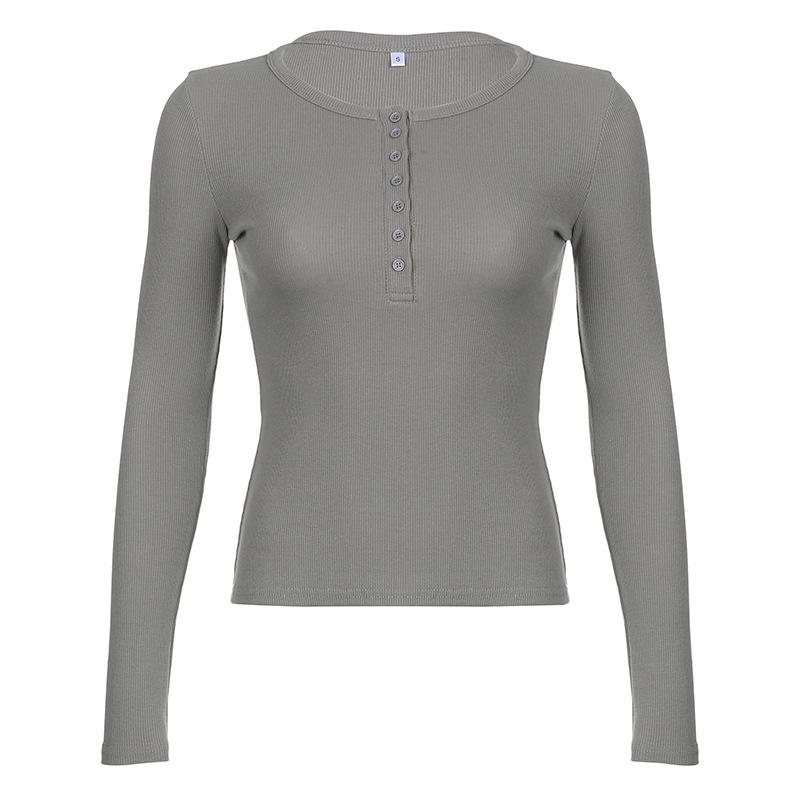 

Тонкая короткая футболка, женский однобортный топ с полуоткрытым воротником и длинными рукавами L светло-серый