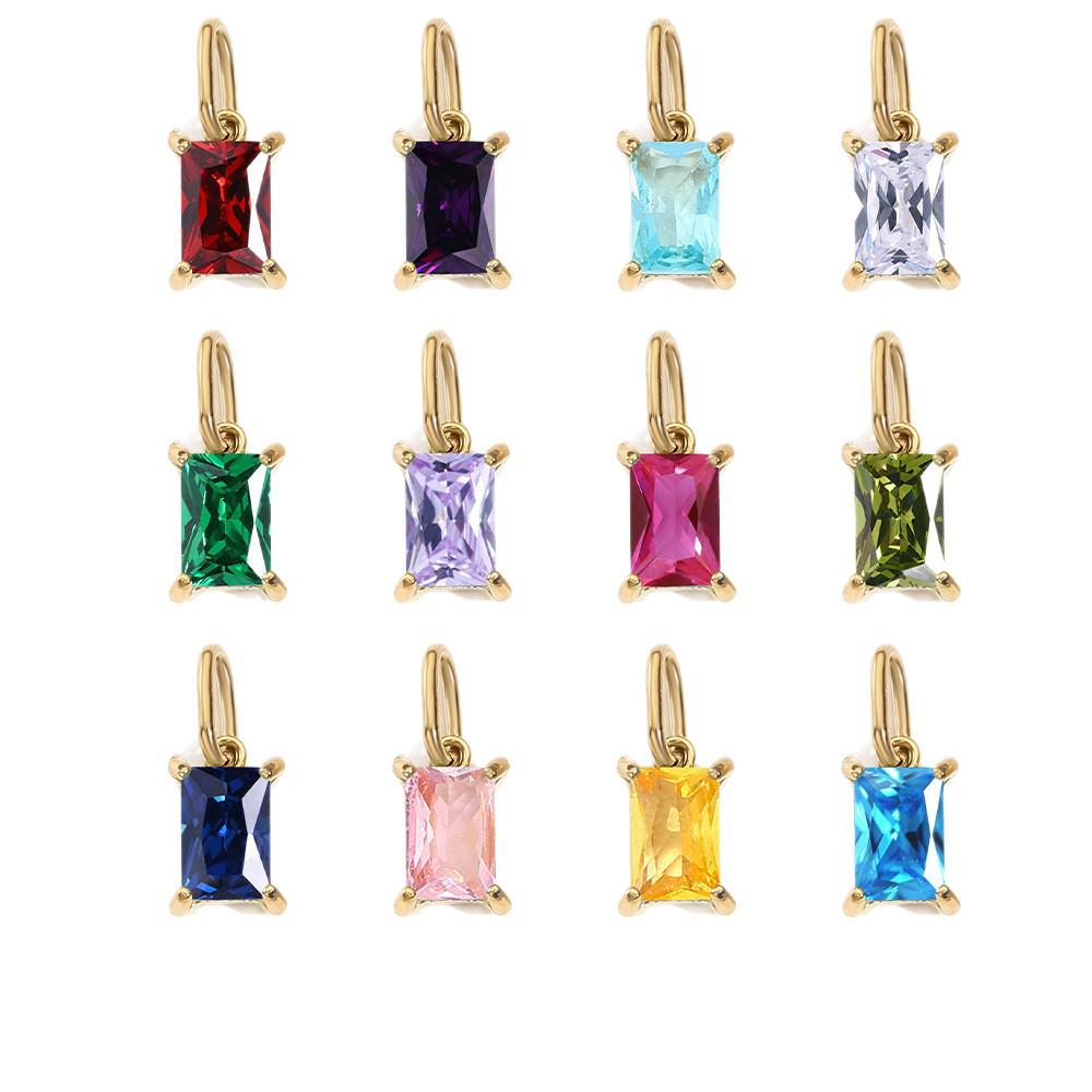 14K Gold-Plated Stainless Steel Rectangle Birthstone Pendants with Zirconia