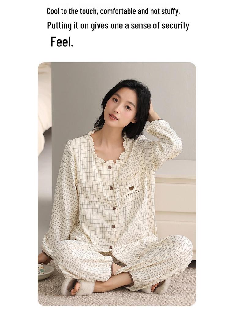 Women's Long-Sleeve Round Neck Pajama Set with Bra Pads, Wearable Outside, Cloud Cotton Loungewear