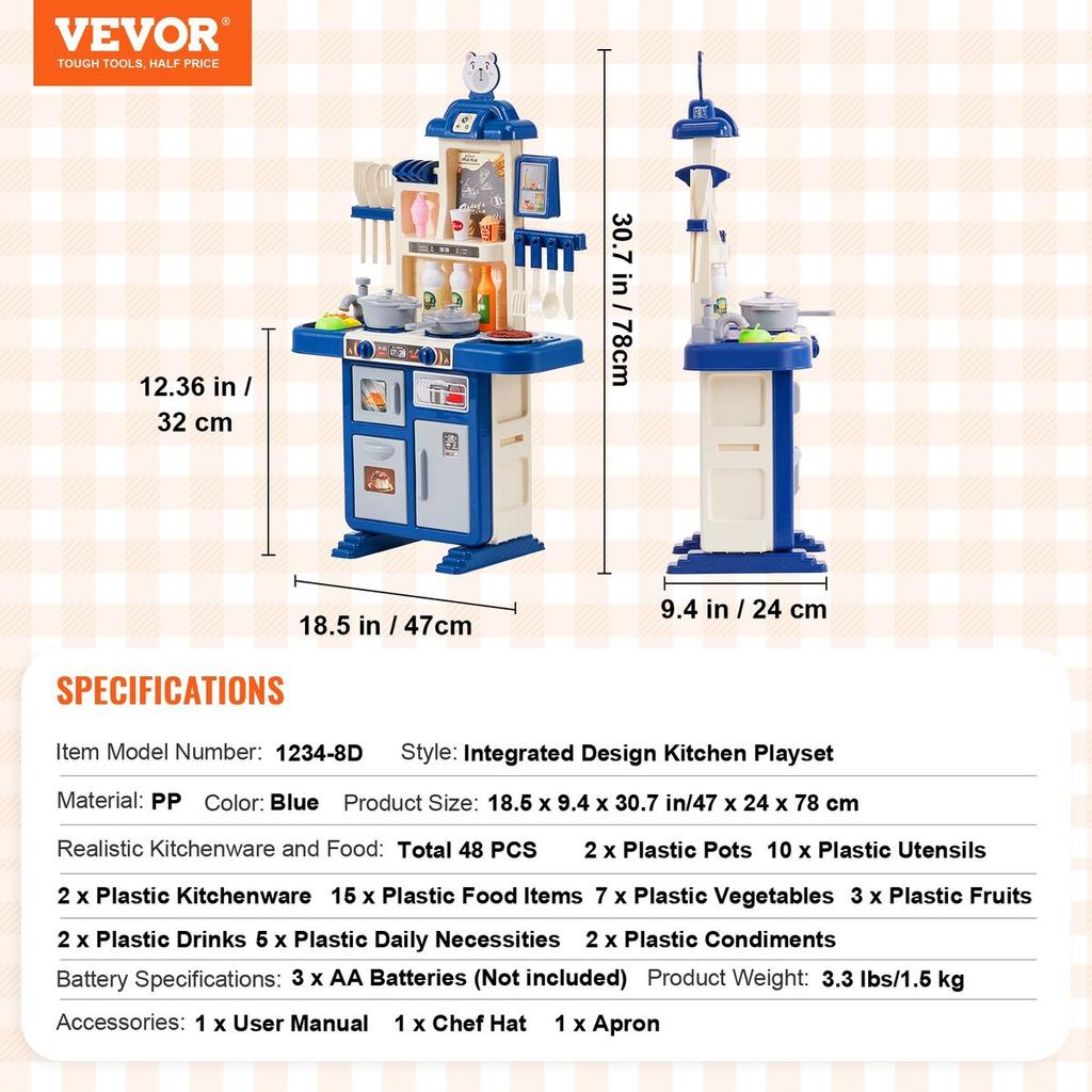 Kitchen Playset Kids Pretend Cooking Play Toy 48 Piece Accessories Blue