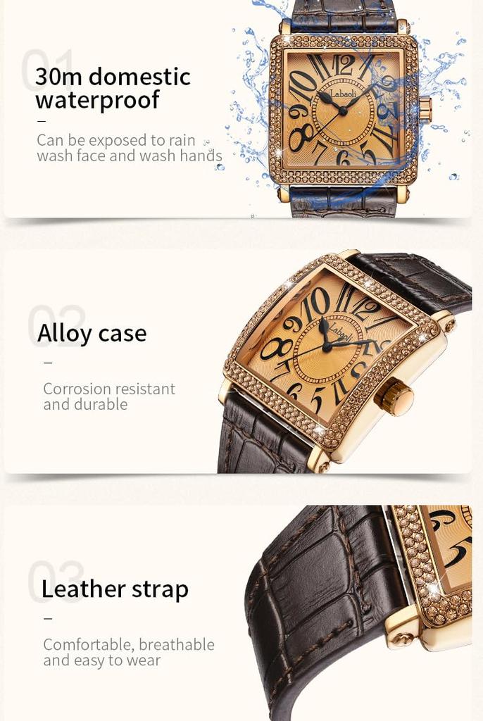 Square Wristwatch with Leather Strap and Big Gift Women's Diamonds, Face, Stylish, Waterproof, Simple, Business, Casual, Luxury, Brown,