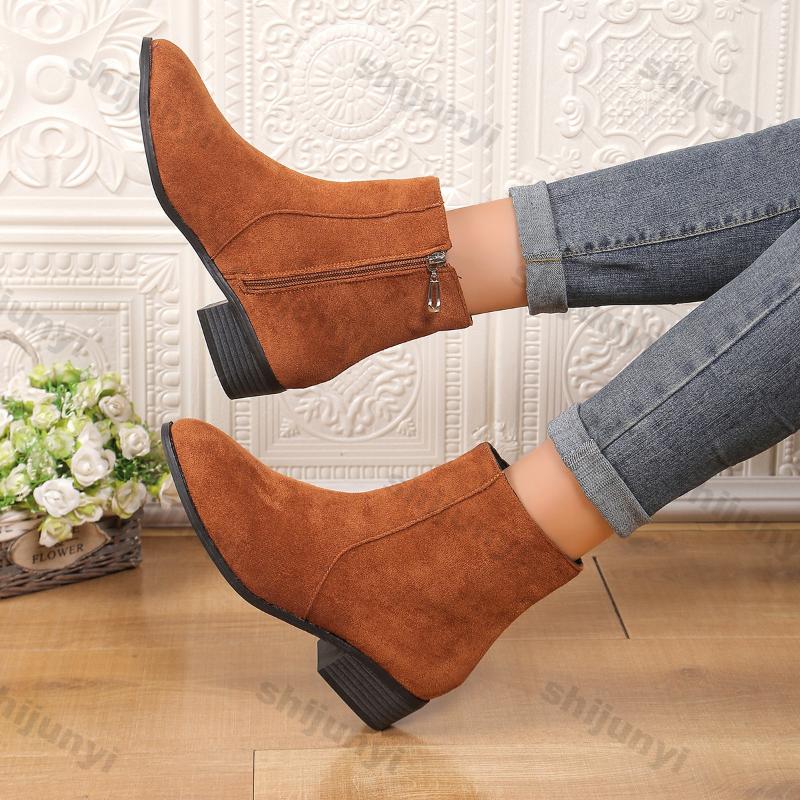 Fashion Women's Fashion Thick Heel Boots Autumn Winter New Round Head Thick Sole Non-slip Short Boots Size Zipper Suede Short Booties