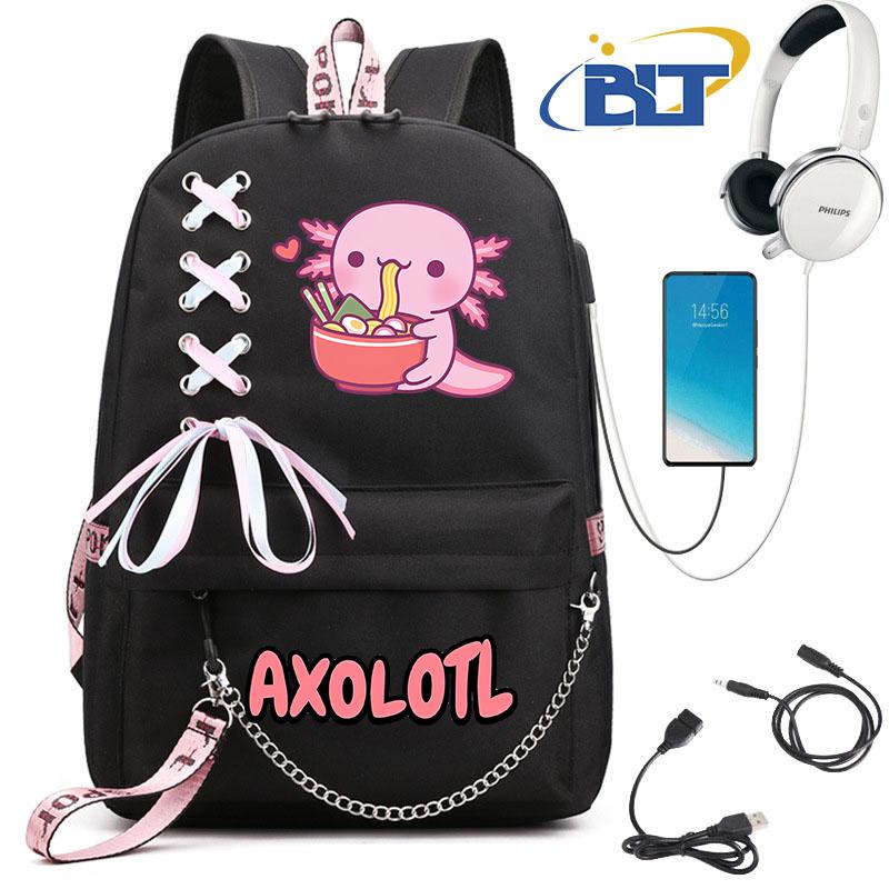 Cute Axolotl Printed Student Schoolbag for Girls Black Backpack Usb Kids Casual Bag Back To School Gift