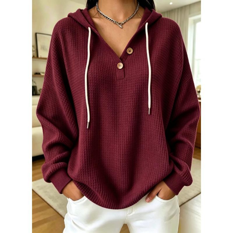 Women S Loose Fit Drawstring Hooded Waffle Knit Sweatshirt