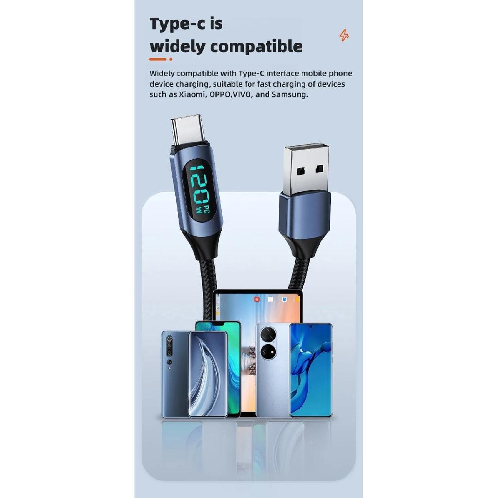 120W USB A To Type C LED Digital Display Fast Charging Data Cable Nylon Braided USB Charge Cord Type C To Type C PD 6A USB Cord
