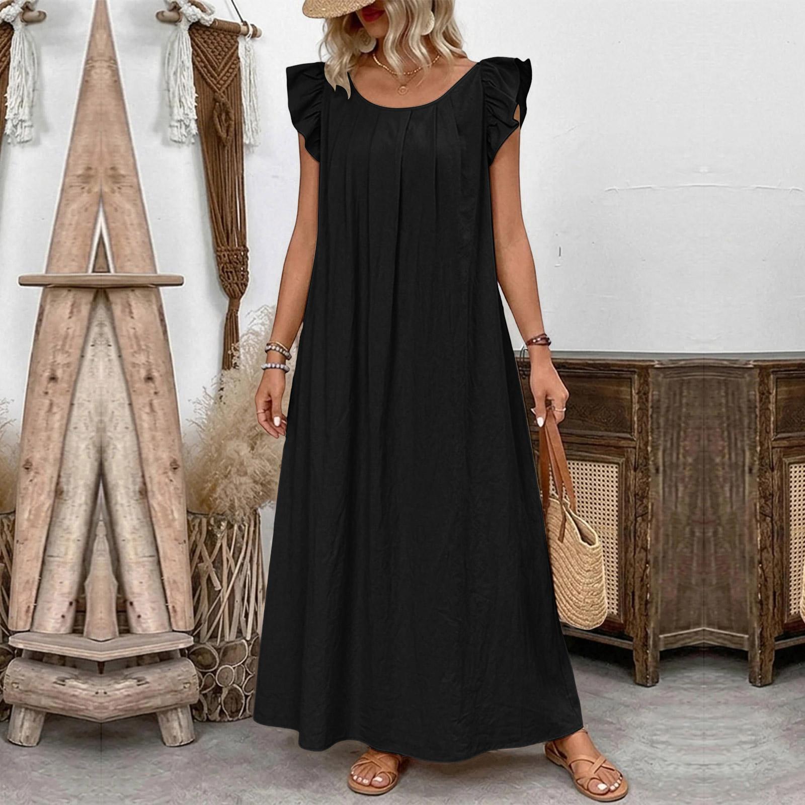 

Women’s Fashionable Casual -Colour Pleated Long Dress With Cap Sleeves S чорний