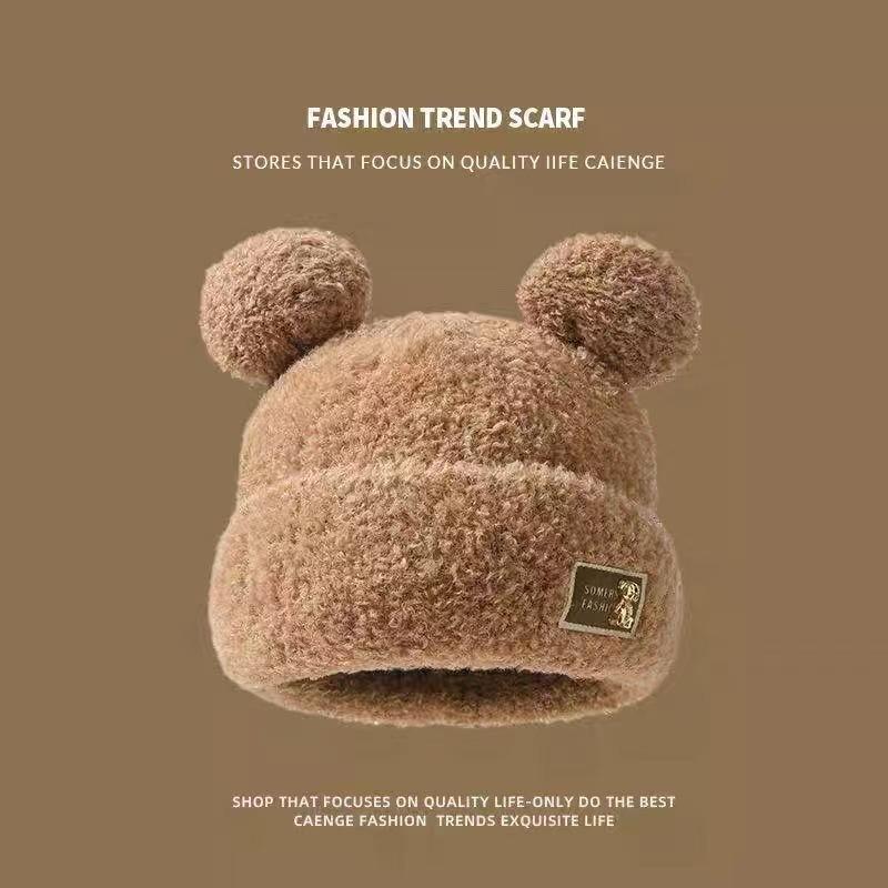 Autumn and winter warm bear hat women's new sticker letter plush knitted hat thickened cold-proof plush hat ear protection hat