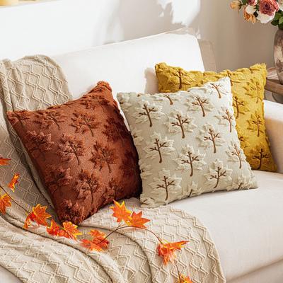 Autumn Pillow Cover Plush Faux Fur Pillowcase with 3D Maple Leaf Art