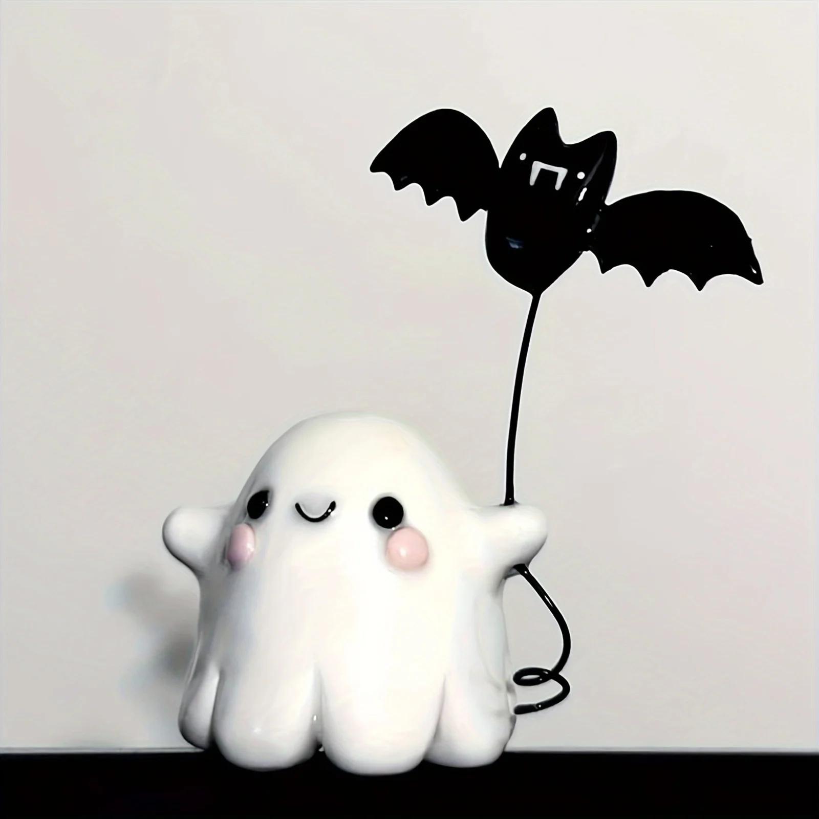 

1pc Halloween Ghost and Bat Statue, Resin Tabletop Decor, Spooky Office Home Art Craft, Versatile Indoor & Outdoor Decoration
